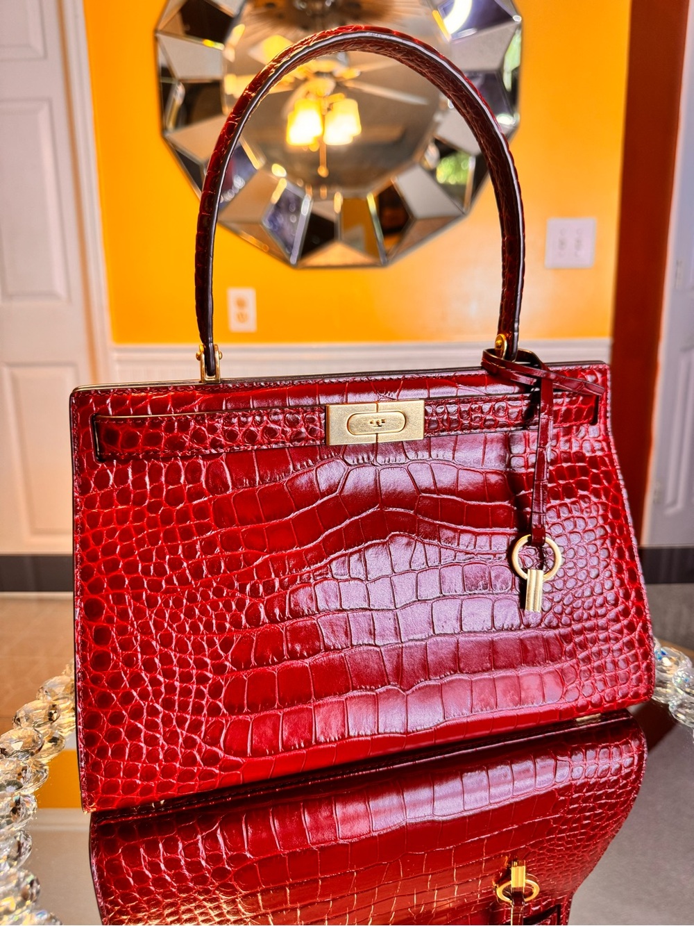 Tory Burch Lee Radziwill Croc Embossed Leather Satchel In Roma Red.